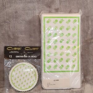 Contempo Coasters Napkins Set Morning Dew Green White Floral VTG New Guest Towel
